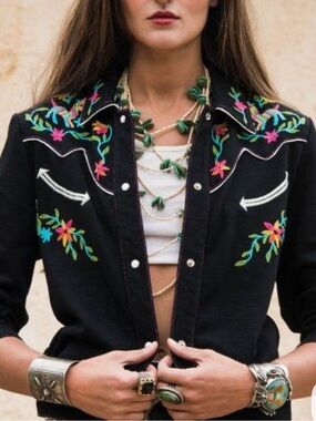 Double D Ranch Black Otomi Embroidered lightweight Rodeo Jacket Rtl $425 S